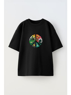 Youwinner Doğa Tasarım Baskılı Pamuk Sıyah Oversize T-Shirt
