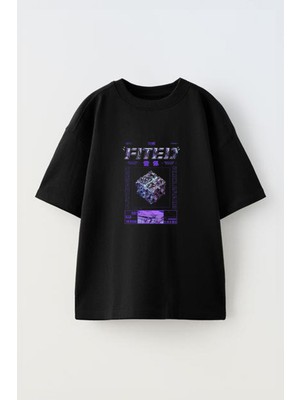 Youwinner Evren Küpü Tasarım Baskılı Pamuk Sıyah Oversize T-Shirt