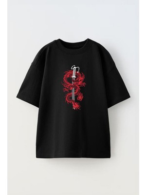 Youwinner Kılıca Dolanmıs Ejderhatasarım Baskılı Pamuk Sıyah Oversize T-Shirt