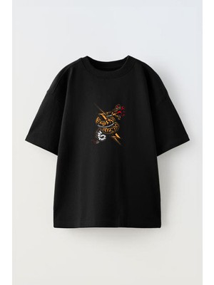 Youwinner Simsek Yılan Tasarım Baskılı Pamuk Sıyah Oversize T-Shirt