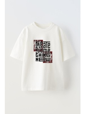 Youwinner Reate Some Thıng New Tasarım Baskılı Pamuk Beyaz Oversize T-Shirt