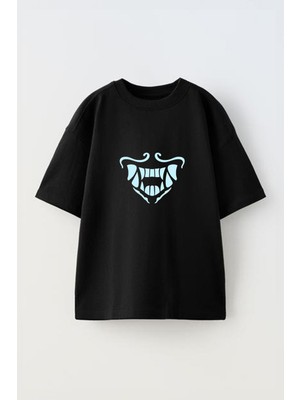 Youwinner Devil Mask Tasarım Baskılı Pamuk Sıyah Oversize T-Shirt