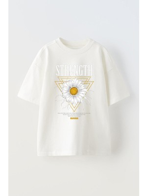 Youwinner Strength Papatya Tasarım Baskılı Pamuk Beyaz Oversize T-Shirt