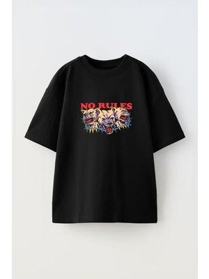 Youwinner No Rules Tasarım Baskılı Pamuk Sıyah Oversize T-Shirt