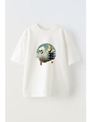 Youwinner Japon Evi Tutan Iskelettasarım Baskılı Pamuk Beyaz Oversize T-Shirt