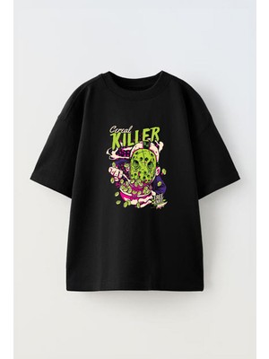 Youwinner Cereal Kıller Tasarım Baskılı Pamuk Sıyah Oversize T-Shirt