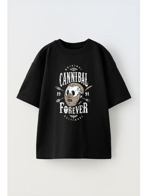 Youwinner Cannıbal Forever Tasarım Baskılı Pamuk Sıyah Oversize T-Shirt