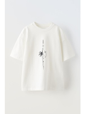 Youwinner Ok Ay ve Güneş Tasarım Baskılı Pamuk Beyaz Oversize T-Shirt