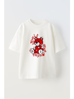 Youwinner Smıle Bear Tasarım Baskılı Pamuk Beyaz Oversize T-Shirt