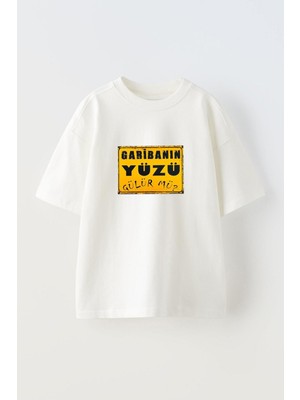 Youwinner Garibanın Yüzü Gülürmü Tasarım Baskılı Pamuk Beyaz Oversize T-Shirt