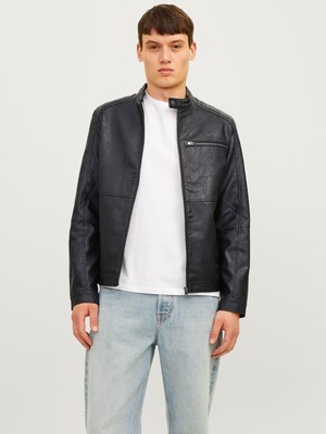 Jack & Jones Erkek Siyah Renk Bıker Deri Ceket 12261196