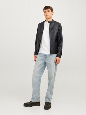 Jack & Jones Erkek Siyah Renk Bıker Deri Ceket 12261196