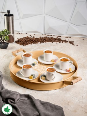 Lin Metal 37 Cm Ahşap Kulplu Metal Tepsi Yuvarlak Çay Tepsisi Sunum Tepsisi Tahta Kulplu Kahve Tepsisi