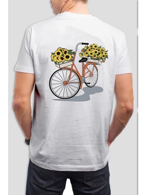 T-35 Çiçekli Bisiklet Baskılı Beyaz Tişört C771