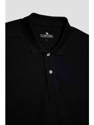 Tudors Erkek Slim Fit Dar Kesim  Pamuk Yumuşak Dokulu Düz Pike Siyah Polo Yaka Tişört