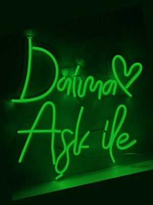 Daima Aşk Ile Yazılı Dekoratif Neon LED Tablo - Yeşil - 40X40CM- Tamamen El Işçiliği - Dilaneon -