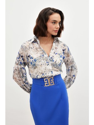 Sateen Dokulu Desenli Gömlek - Sax Mavi