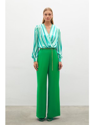 Sateen Zincirli Saten Krep Pantolon - Yeşil