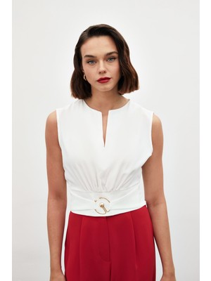Sateen Toka Detaylı Kolsuz Bluz - Ekru
