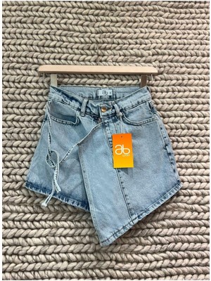 AB Looks Kadın Mavi Yandan Bağlamalı Kapaklı Denim Şort Etek %100 Pamuk Kot Yeni Sezon Jean Mini Şort Etek