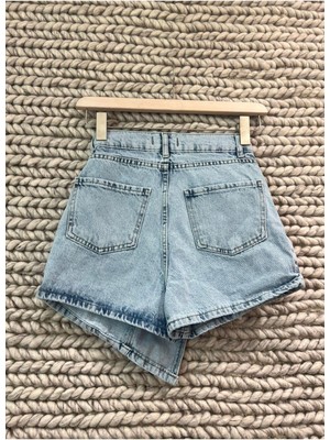 AB Looks Kadın Mavi Yandan Bağlamalı Kapaklı Denim Şort Etek %100 Pamuk Kot Yeni Sezon Jean Mini Şort Etek