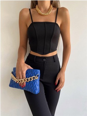 Wear And Wear Kadın Siyah Ip Askılı Biyeli Korse Detay Fermuarlı Crop Bluz