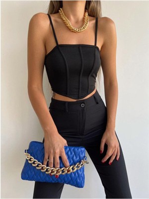 Wear And Wear Kadın Siyah Ip Askılı Biyeli Korse Detay Fermuarlı Crop Bluz