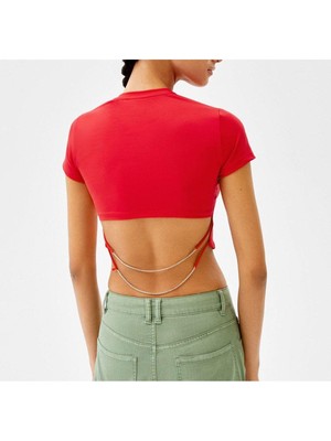 Wear And Wear Kadın Kırmızı Sırt Dekolteli Beli Taşlı Asimetrik Kesim Kısa Kollu Crop Bluz