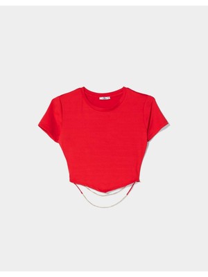 Wear And Wear Kadın Kırmızı Sırt Dekolteli Beli Taşlı Asimetrik Kesim Kısa Kollu Crop Bluz