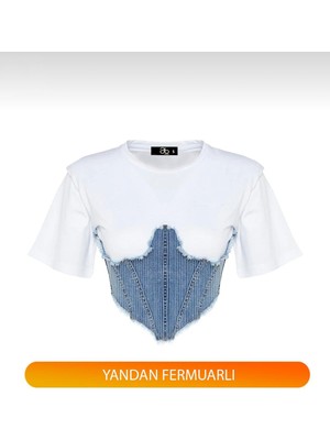 AB Looks Kadın Beyaz Çizgili Korse Detaylı Denim T-Shirt Vatkalı Kot Detaylı Kısa Kollu Jean T-Shirt