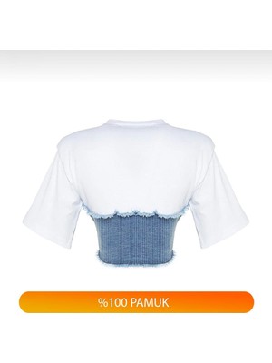 AB Looks Kadın Beyaz Çizgili Korse Detaylı Denim T-Shirt Vatkalı Kot Detaylı Kısa Kollu Jean T-Shirt