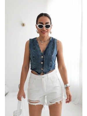 AB Looks Kadın Mavi V Yaka Kolsuz Denim Kot Yelek Düğmeli %100 Pamuk Yeni Sezon Trend Jean Yelek