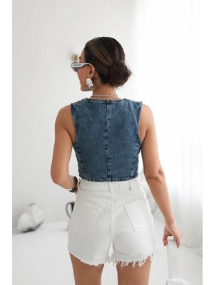 AB Looks Kadın Mavi V Yaka Kolsuz Denim Kot Yelek Düğmeli %100 Pamuk Yeni Sezon Trend Jean Yelek