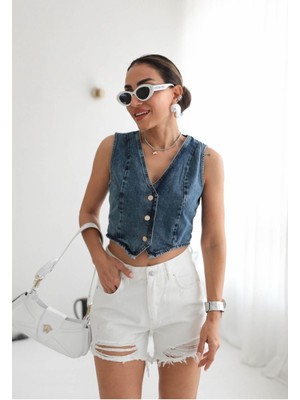 AB Looks Kadın Mavi V Yaka Kolsuz Denim Kot Yelek Düğmeli %100 Pamuk Yeni Sezon Trend Jean Yelek