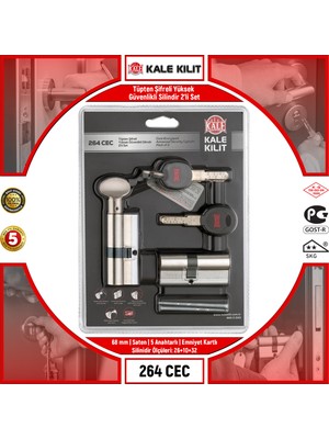 Kale Kilit Tüpten Şifreli Yüksek Güvenlikli Silindir 2'li Set 264 Cec 68 mm Saten 5 Anahtarlı Emniyet Kartlı 26400000013