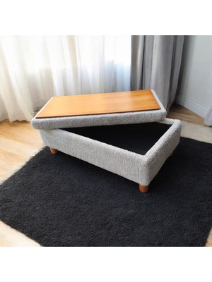 Puff Table Kardelen Sandıklı Orta Sehpa Puflu , Çizgili Vizon Kadife Kumaş Ahşap Ceviz Ayak