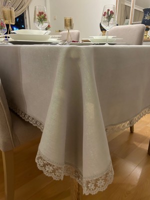 Meral Kurşun Collection Güpür Detaylı Simli Dertsiz Salon Masa Örtüsü Gri