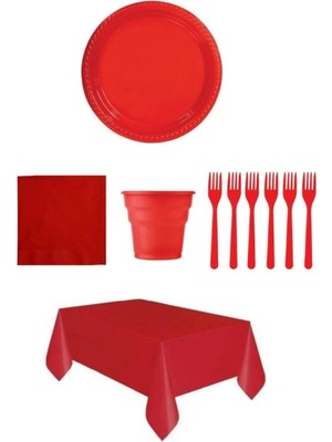 Mg Store Kırmızı Renk Plastik Tabak, Bardak, Çatal, Peçete Ve Tek Kullanımlık Masa Örtüsü Seti