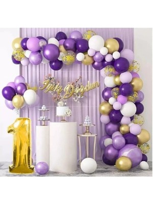 Mg Store Pullu Balonlu 36 Cm 1 Yaş Macaron Mor Balon Zinciri Seti Gölge Mor Altın Balon Dekorasyon