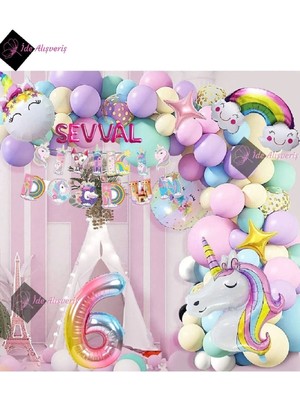 Mg Store 6 Harfli 6 Yaş Karakterli Unicorn Temalı Iyi Ki Doğdun Makaron Balon Doğum Günü Parti Kutlama Seti