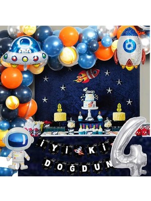 Mg Store Uzay Temalı Doğum Günü Seti 4 Yaş; 4 Adet Folyo, 50 Lateks Balon, Banner, Balon Zinciri, Balon Bandı