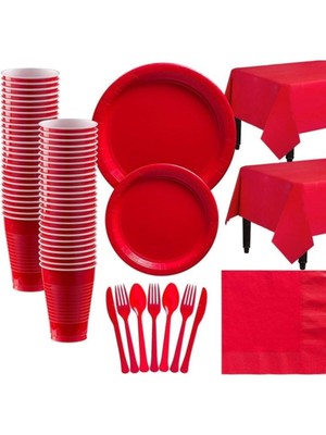 Mg Store Sevgililer Günü Masası Seti Kırmızı Tabak-Bardak-Peçete-Kaşık-Çatal-Bıçak-Masa Örtüsü