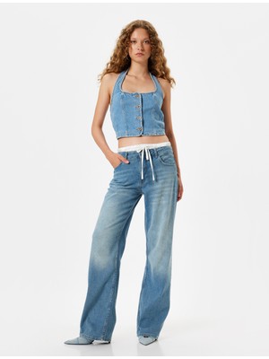 Koton Bol Paça Kot Pantolon Çift Bel Detaylı Pamuklu - Straight Fit Jean