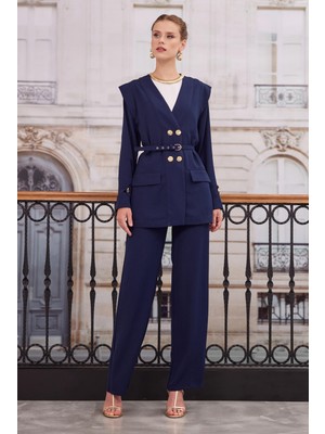 HE-QA Kruvaze Blazer Ceket Pantolon Takım Lacivert