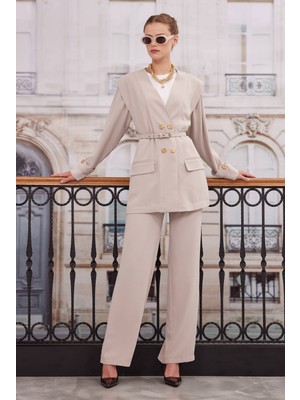 HE-QA Kruvaze Blazer Ceket Pantolon Takım Bej