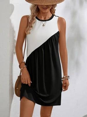 Janes Kadın Viskon Kumaş Çift Renkli Sıfır Kol Elbise