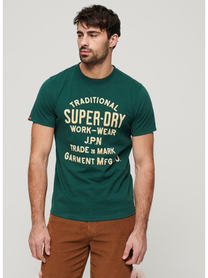 Superdry Bisiklet Yaka Baskılı Yeşil Erkek T-Shirt M1011906A9VK_WORKWEAR Flock Graphıc