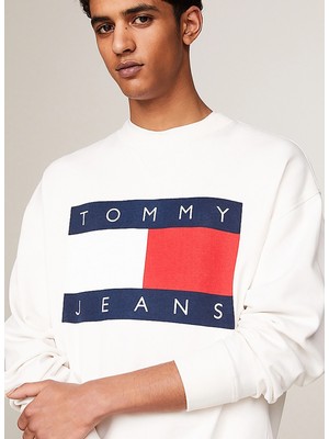 Tommy Jeans Bisiklet Yaka Krem Erkek Sweatshırt DM0DM19222YBH Rlx Bıg