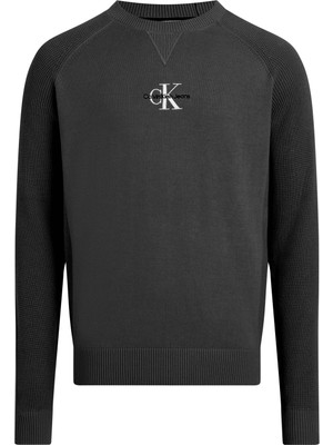 Calvin Klein Jeans Bisiklet Yaka Regular Fit Nakışlı Siyah Erkek Kazak J30J325671BEH Monologo Sweater