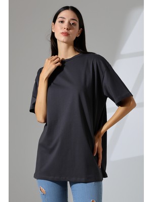 Endies Oversize Bisiklet Yaka Pamuk Penye Kompakt Basic T-Shirt 21752 Füme